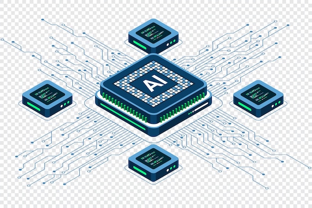 Concepto de chip de inteligencia artificial isométrica Concepto de inteligencia artificial Procesador de microchips futurista Tecnología isométrica