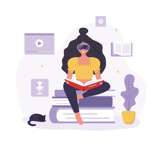 Concepto de ciberespacio metaverso o realidad virtual Mujer con gafas VR sentada y leyendo libros Tecnología moderna para la educación Ilustración vectorial en estilo de caricatura plana