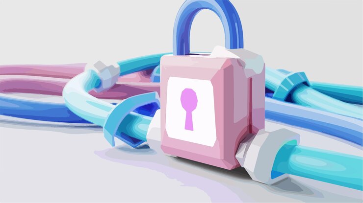 Vector concepto de ciberseguridad de los cables de red de escudo de bloqueo 3d