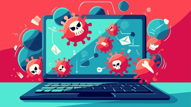 Vector concepto de ciberseguridad notificación de malware en la ilustración vectorial de la pantalla de la computadora portátil