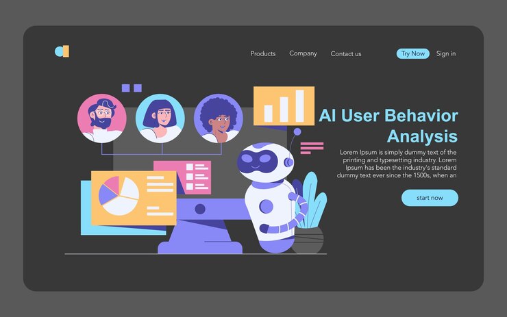 Vector un concepto de ciberseguridad robot que analiza el comportamiento del usuario digital datos perfilados protección mejorada