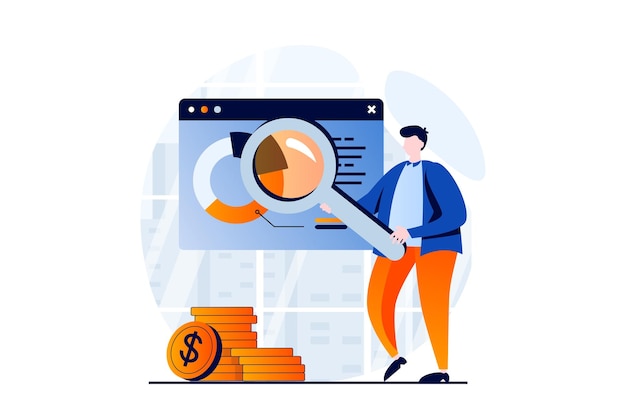 Concepto de ciencia de datos con escena de personas en diseño de dibujos animados planos El hombre con lupa trabaja con bases de datos utiliza tablas y gráficos para informes financieros y auditoría Historia visual de ilustración vectorial para web