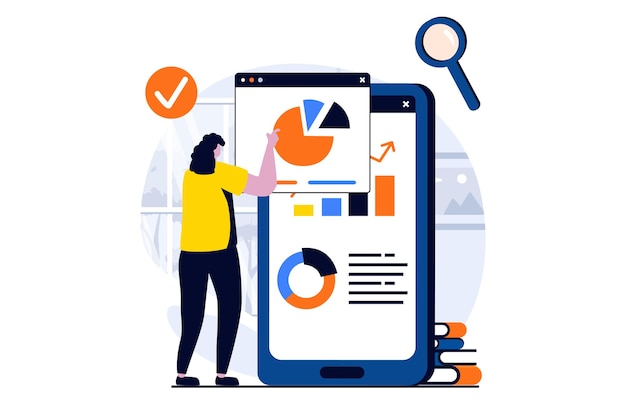 Concepto de ciencia de datos con escena de personas en diseño de dibujos animados planos Mujer analizando diagramas con diferentes tendencias y haciendo informes financieros usando la aplicación móvil Historia visual de ilustración vectorial para web