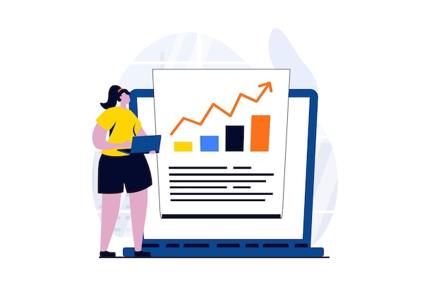 Concepto de ciencia de datos con escena de personas en diseño de dibujos animados planos Mujer analizando gráfico con tendencia de crecimiento y haciendo informe financiero usando bases de datos en la computadora portátil Historia visual de ilustración vectorial para web