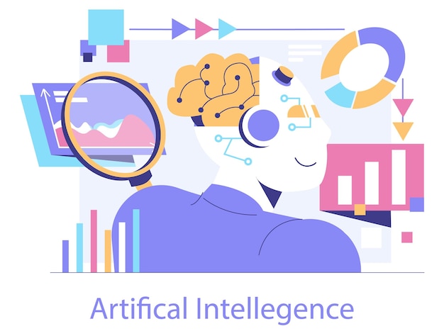 Concepto de ciencia de datos una representación estilizada de la IA analizando datos con gráficos lupa y