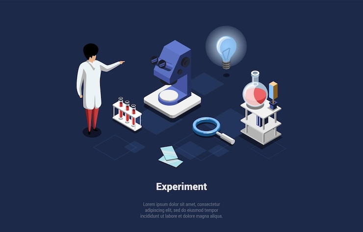Vector concepto de ciencia y experimento de laboratorio científico que investiga la biotecnología del adn y hace experimentos científicos en el laboratorio utilizando equipos profesionales ilustración de vectores 3d de dibujos animados isométricos