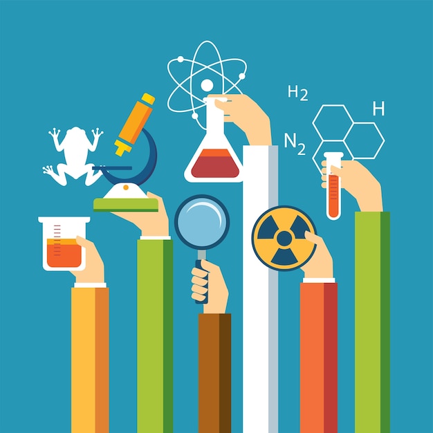 Concepto de ciencia, física, química, diseño plano de biología