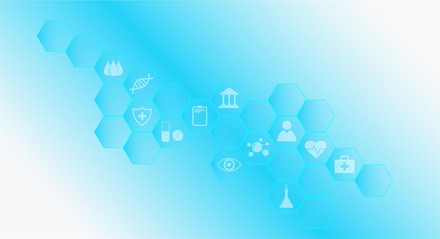 Concepto de ciencia médica digital. patrón hexagonal azul con iconos de atención médica. diseño para su anuncio, presentación, banner, plantilla. ilustración vectorial