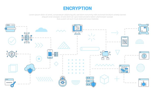 Concepto de cifrado con banner de plantilla de conjunto de iconos con estilo de color azul moderno