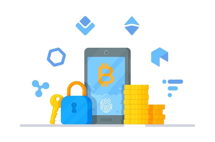 Vector concepto de cifrado, cifrado de datos de moneda digital, seguridad y protección de criptomonedas. ilustración de vector plano moderno de diferentes criptomonedas. moneda digital.