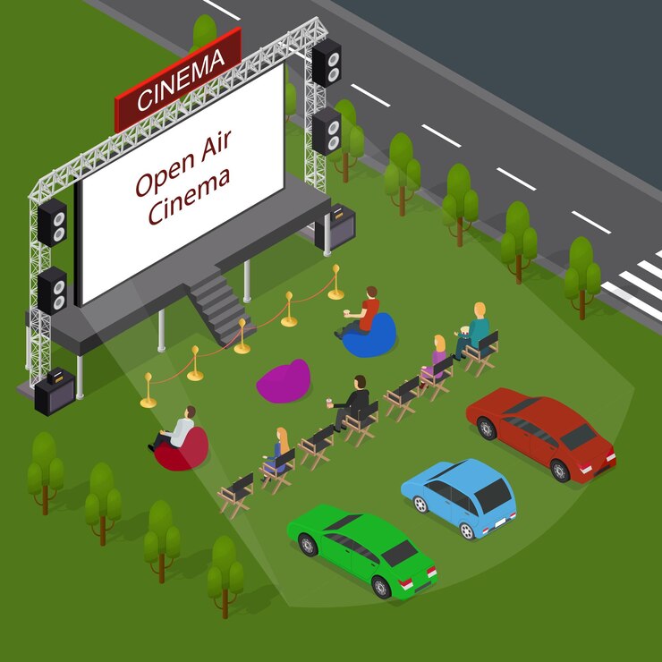 Vector concepto de cine al aire libre vector de vista isométrica 3d