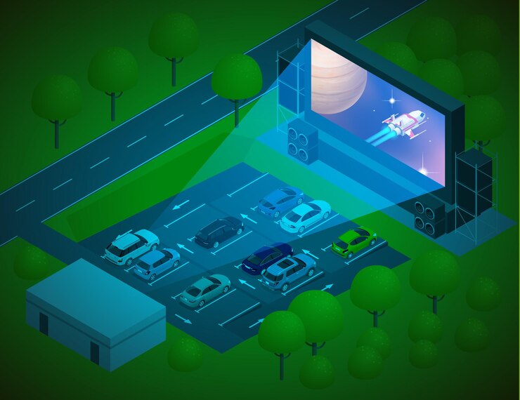 Vector concepto de cine al aire libre. ver películas al aire libre en el estacionamiento de la ciudad en una cálida tarde de verano. ilustración vectorial isométrica.