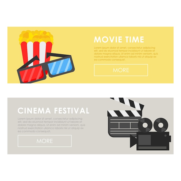 Concepto de cine y plantilla de cartel de festival con palomitas de maíz y equipo de cine