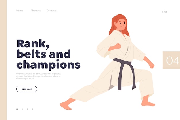 Concepto de cinturón y campeón de rango para la plantilla de diseño de página de inicio con un personaje femenino de karate con kimono disfrutando de la clase de entrenamiento Ilustración vectorial del sitio web para la escuela de artes marciales