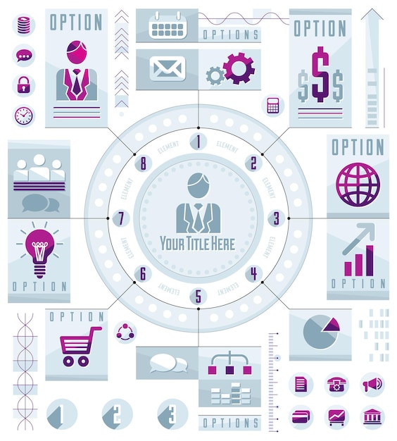 Concepto circular infográfico con muchos elementos, círculo dividido con sectores y líneas, ilustración vectorial.