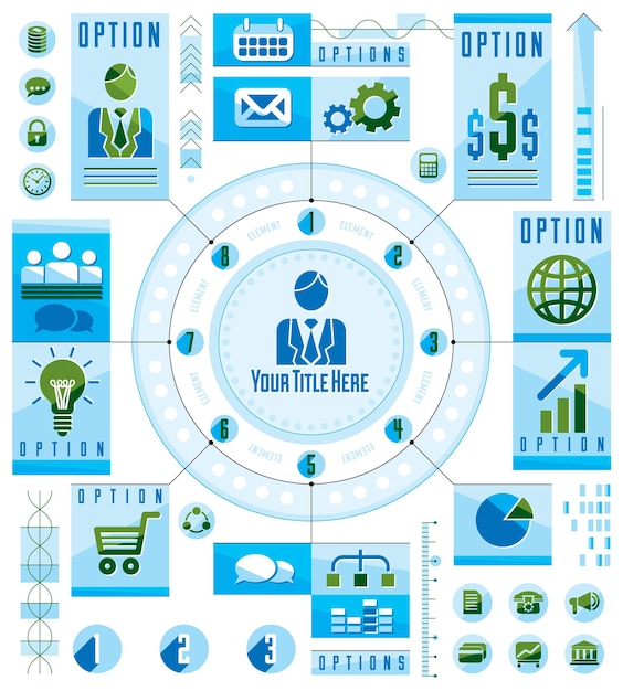 Concepto circular infográfico con muchos elementos, círculo dividido con sectores y líneas, ilustración vectorial.