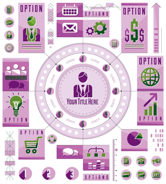 Concepto circular infográfico con muchos elementos, círculo dividido con sectores y líneas, ilustración vectorial.