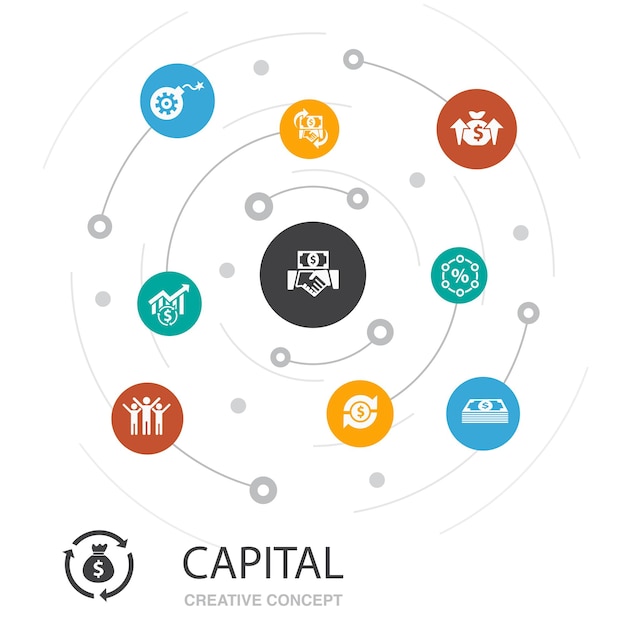 Concepto de círculo de color capital con iconos simples. Contiene elementos tales como dividendos, dinero, inversión, éxito.