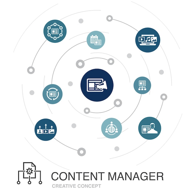 Concepto de círculo de color de gestión de contenido con iconos simples. contiene elementos tales como cms, marketing de contenidos, subcontratación, contenido digital