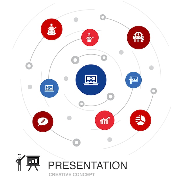 Concepto de círculo de color de presentación con iconos simples. Contiene elementos como conferenciante, tema, presentación comercial, diagrama