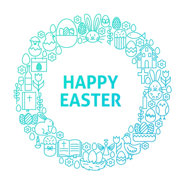 Concepto de círculo de icono de línea de Pascua. Ilustración de vector de objetos de vacaciones de primavera.