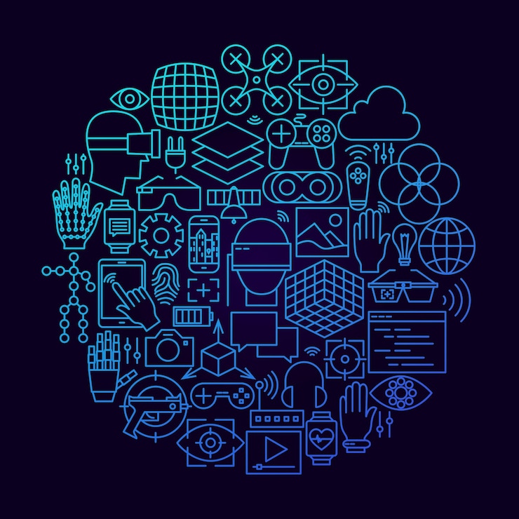 Vector concepto de círculo de icono de línea de realidad virtual. ilustración de vector de objetos de realidad aumentada de tecnología.