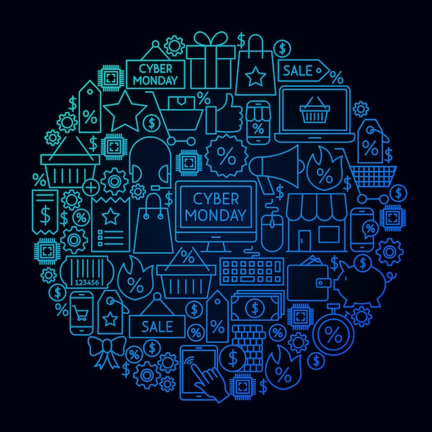 Concepto de círculo de línea Cyber Monday. Ilustración de vector de objetos de venta de compras.