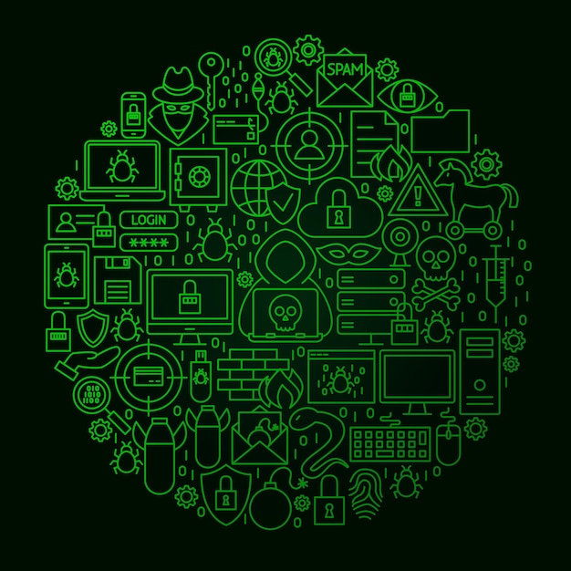 Concepto de círculo de línea de hacker. Ilustración vectorial de objetos de delitos cibernéticos sobre negro.