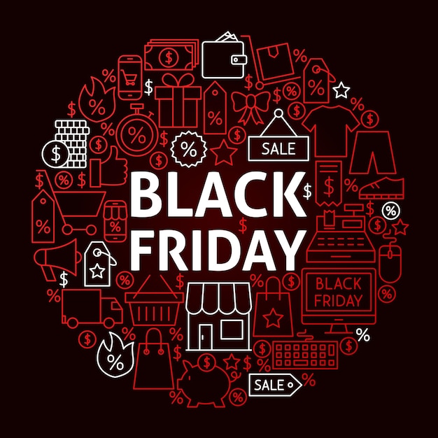Concepto de círculo de línea de viernes negro. Ilustración de vector de objetos de venta de compras.