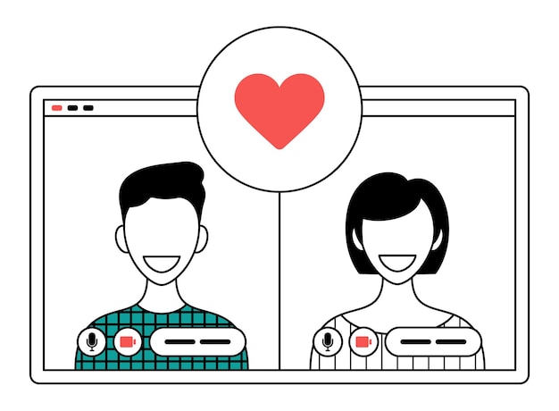 Concepto de citas en línea Jóvenes que encuentran socios en el sitio web de citas Pareja feliz que usa la computadora para video chat en línea Ilustración vectorial para el concepto de romance de amor en las redes sociales