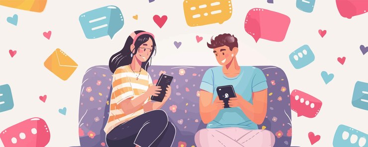 Vector el concepto de citas en línea la pareja joven que usa la aplicación de citas en internet los peligros de las citas en línea enviar y leer mensajes el uno al otro en burbujas de texto establecido vector plano ilustración moderna
