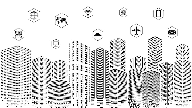 Concepto de ciudad inteligente en blanco y negro Puntos edificios arquitectura abstracta paisaje urbano Vector ciudad futura con iconos de comunicación y conexión de silueta negocios ciudad urbana ilustración