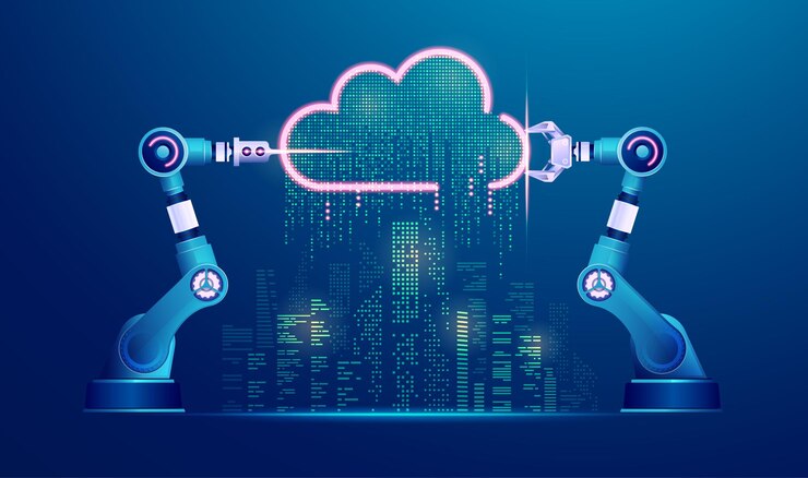 Vector concepto de ciudad inteligente o industria 4.0, gráfico de brazos robóticos con computación en la nube y ciudad futurista