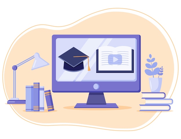 Concepto de clases en línea en la pantalla del monitor para el seminario web del curso de aprendizaje electrónico y la educación en línea