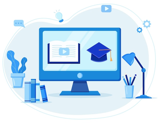 Concepto de clases en línea en la pantalla del monitor para seminarios web de cursos de aprendizaje electrónico y educación en línea