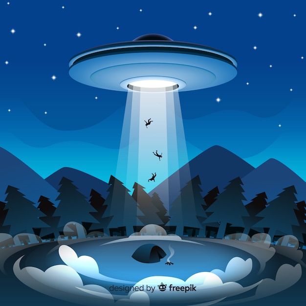 Concepto clásico de abducción de ovni con diseño plano