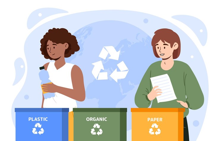 Vector concepto de clasificación de residuos hombre y mujer cerca de contenedores coloridos plástico orgánico y reciclaje de papel y