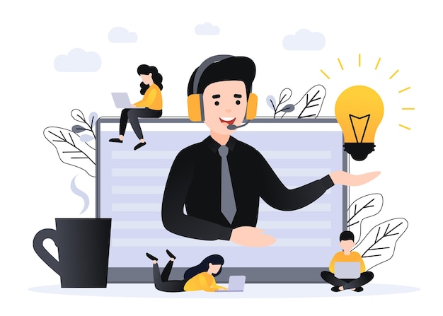 Concepto de cliente y operador, soporte técnico en línea 24 horas al día, 7 días a la semana para la página web. El operador masculino de la línea directa de la ilustración del vector aconseja al cliente. Asistente en línea, servicio de ayuda virtual para empresas