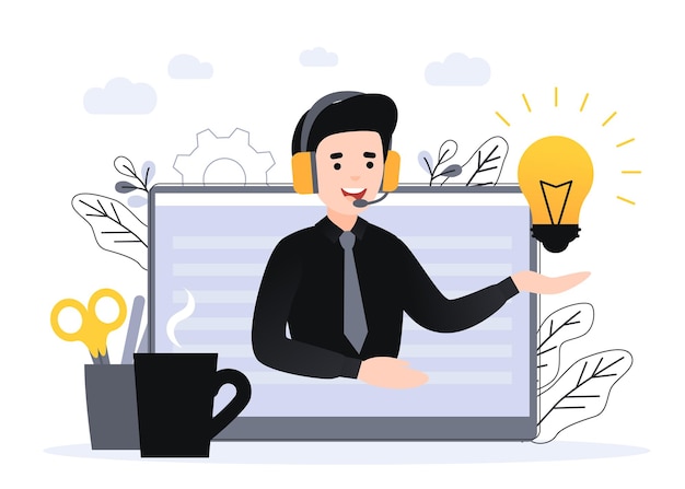Concepto de cliente y operador, soporte técnico en línea 24 horas al día, 7 días a la semana para la página web. El operador masculino de la línea directa de la ilustración del vector aconseja al cliente. Asistente en línea, servicio de ayuda virtual para empresas