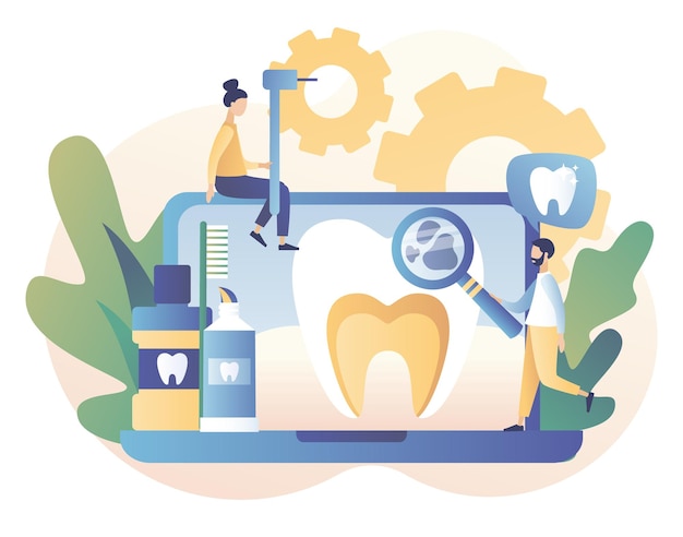 Concepto de clínica dental Centro médico de estomatología y ortodoncia Cuidado dental Tratamiento de dientes protección y limpieza de dientes Estilo moderno de dibujos animados planos Ilustración vectorial sobre fondo blanco