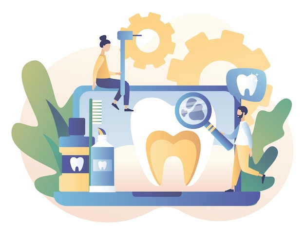 Vector concepto de clínica dental centro médico de estomatología y ortodoncia cuidado dental tratamiento de dientes protección y limpieza de dientes estilo moderno de dibujos animados planos ilustración vectorial sobre fondo blanco