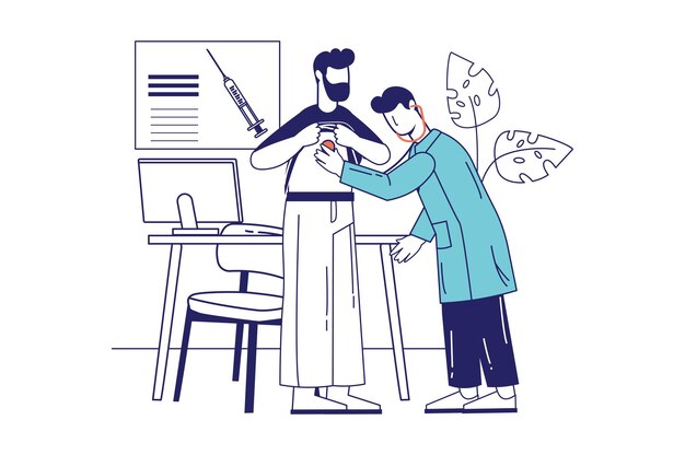 Concepto de clínica médica en diseño de línea plana para banner web. Terapeuta escucha en estetoscopio al paciente, hombre en cita médica, escena de gente moderna. Ilustración de vector de estilo gráfico de contorno