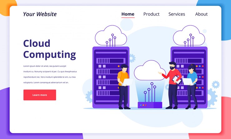 Vector concepto de cloud computing, personas que trabajan en computadoras portátiles y servidores, almacenamiento digital, centro de datos. plantilla de diseño de página de destino