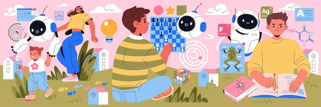 El concepto de co-padre la ilustración muestra a los niños participando en actividades educativas