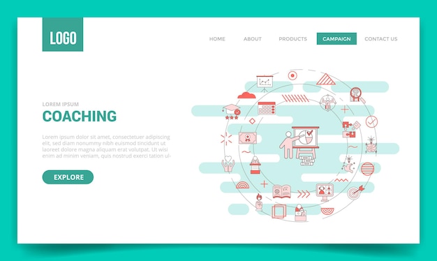 Concepto de coaching empresarial con icono de círculo para la plantilla del sitio web o la página de inicio de la página de destino