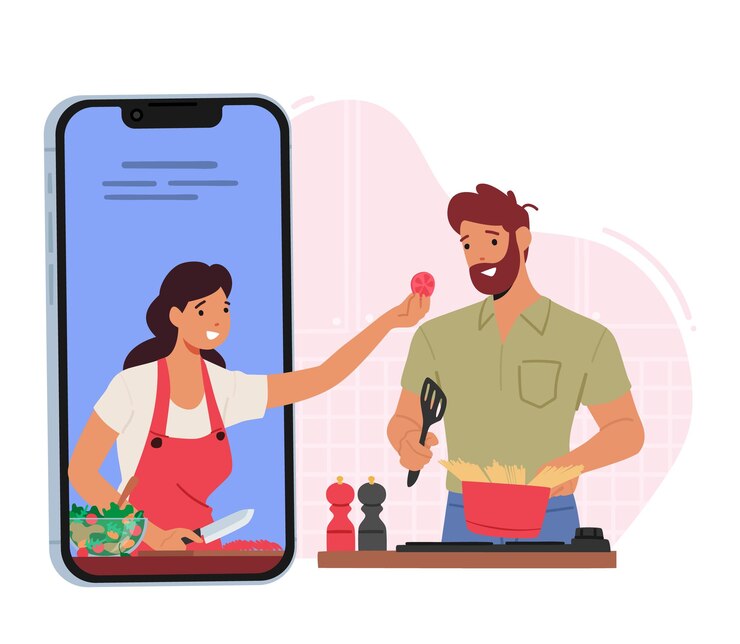 Vector concepto de cocina en línea carácter masculino uso de internet para preparar comida hombre ver video tutorial vector ilustración