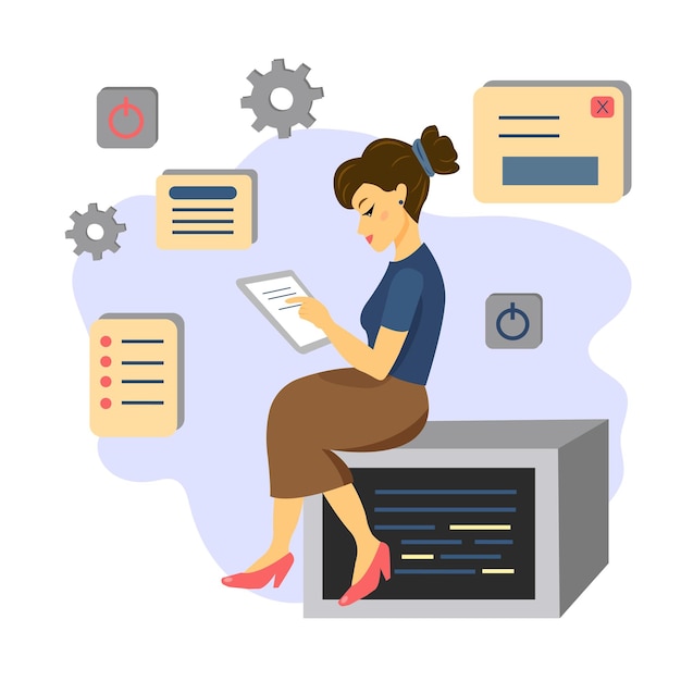 Concepto de codificador cms. mujer programadora desarrolla una interfaz fácil de usar. ilustración vectorial