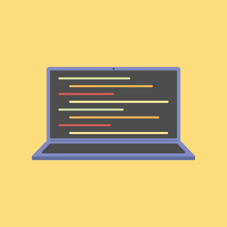 Vector concepto de código de programación en la computadora portátil en un estilo de dibujos animados mínimo