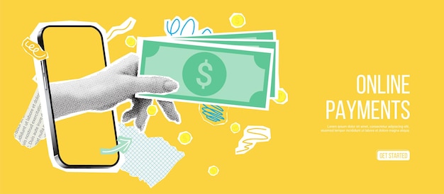 Concepto de collage de pagos en línea Ilustración vectorial con la mano saliendo del teléfono y sosteniendo dinero Concepto de pancarta retro con elementos de papel recortados Pagos en línea Cambio de dinero o préstamo