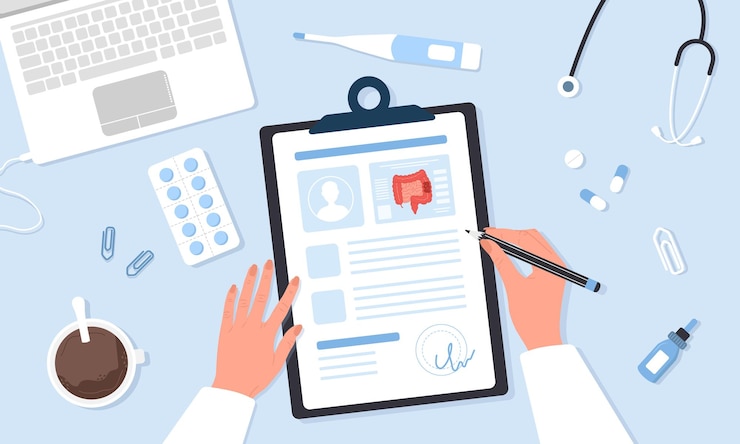 Concepto de colonoscopia Proctólogo escribiendo los resultados de examinar el intestino Vista superior del lugar de trabajo del médico con listas de pastillas y estetoscopio Ilustración vectorial en estilo de dibujos animados planos Prevención del cáncer